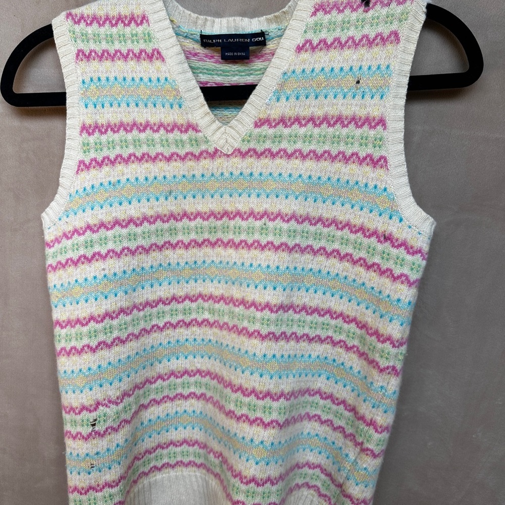 Ralph Lauren Cashmere Womens Pink Blue Beige Pastel Prairie Sweater Vest